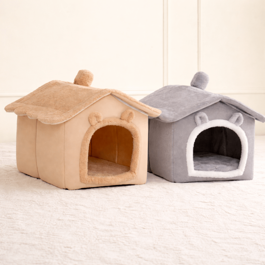 deux maison chat douce confortable brune grise