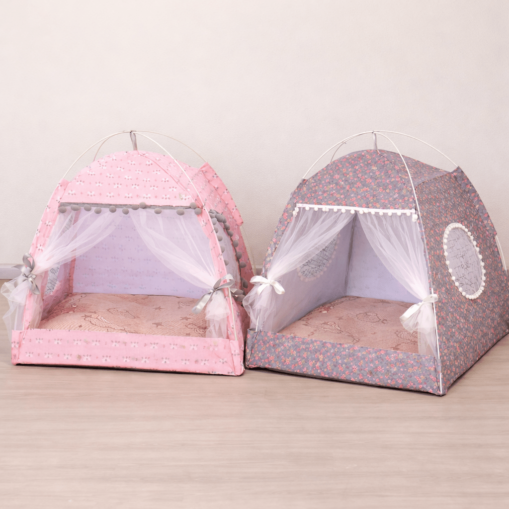 deux tente pour chat fleuri confortable rose grise