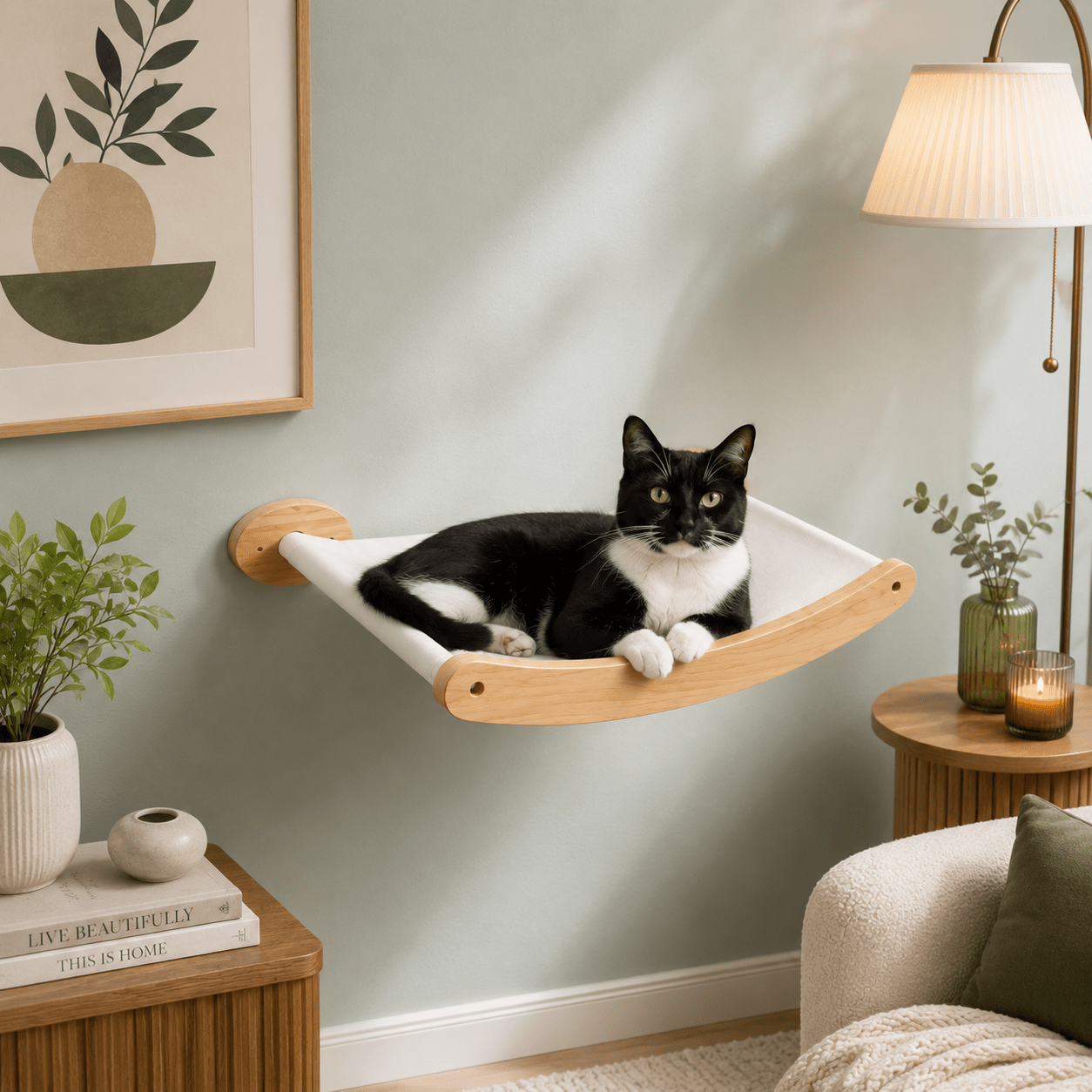 felin allonge dans hamac mural en bois pour chat