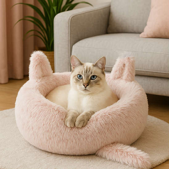felin beige dans coussin pour chat doux rose rond design chat