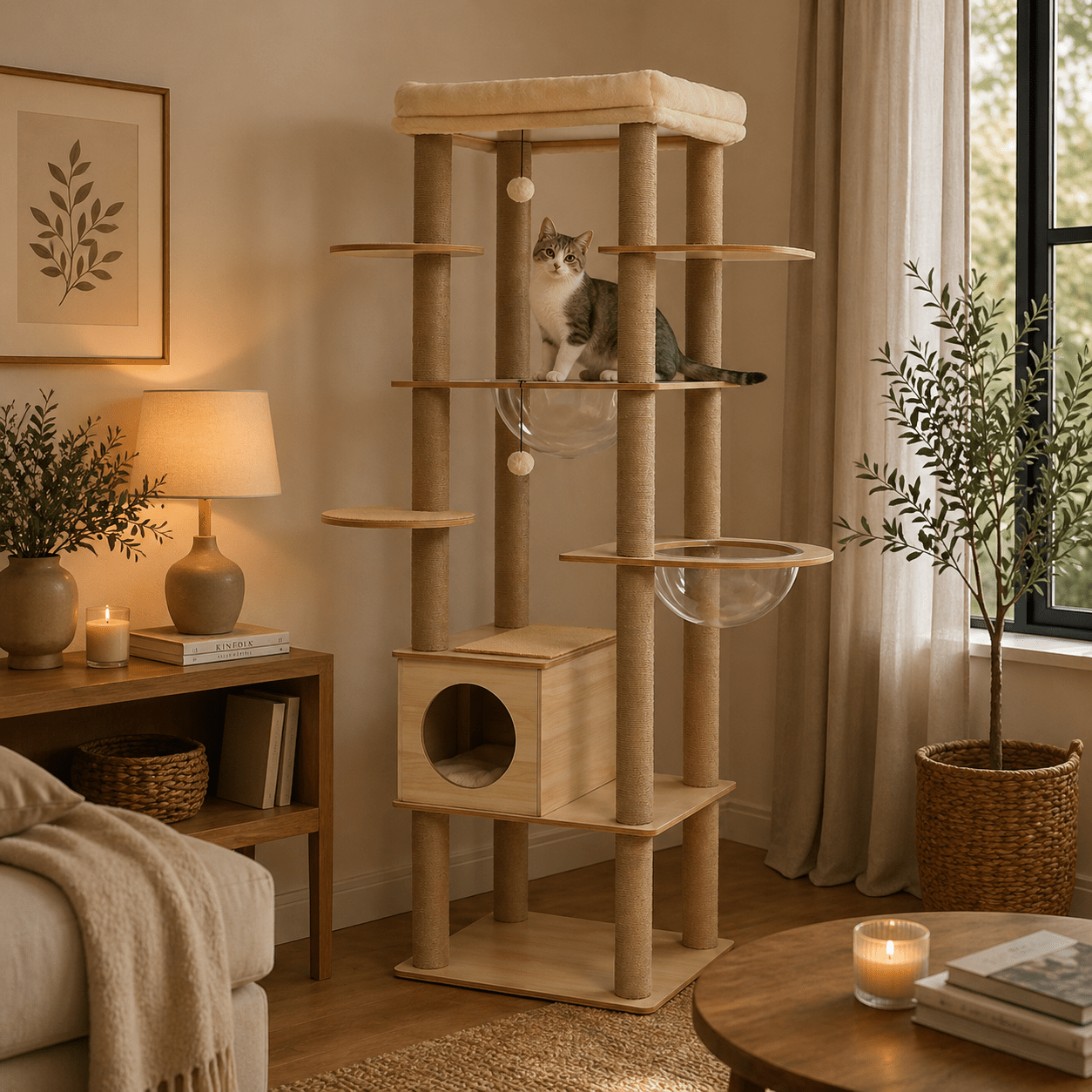 felin sur arbre a chat scandinave compact plusieurs niveaux bois