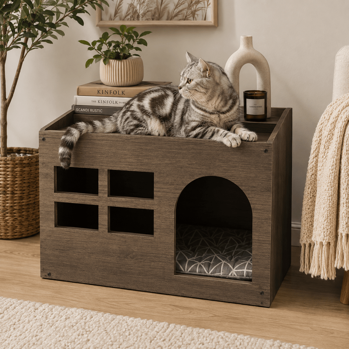 felin tigre allonger sur niche pour chat confortable bois