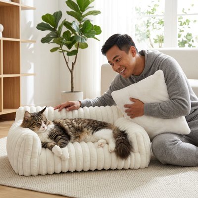 grand chat allonge sur petit canape pour chat blanc