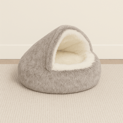 grotte coussin chat rond brun taupe clair peluche douce