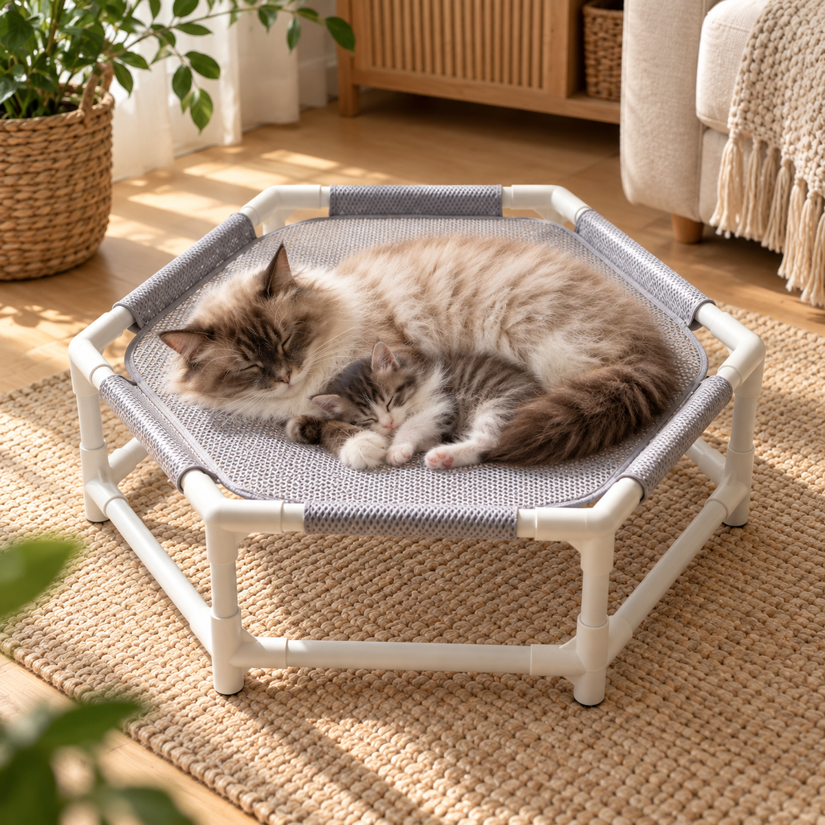 hamac chat sur pied respirant gris avec deux chats dormant