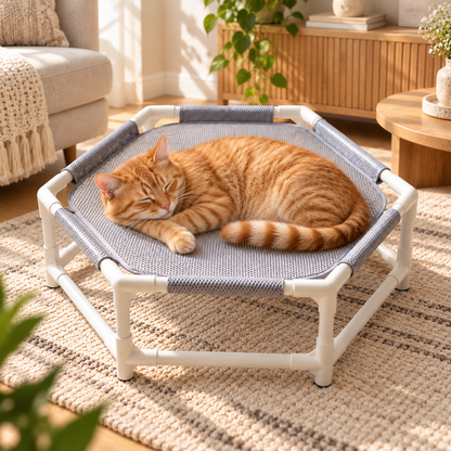 hamac chat sur pied respirant gris avec felin orange endormi