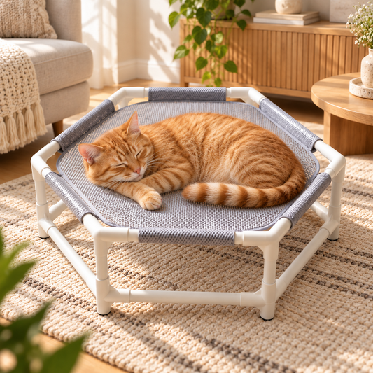 hamac chat sur pied respirant gris avec felin orange endormi