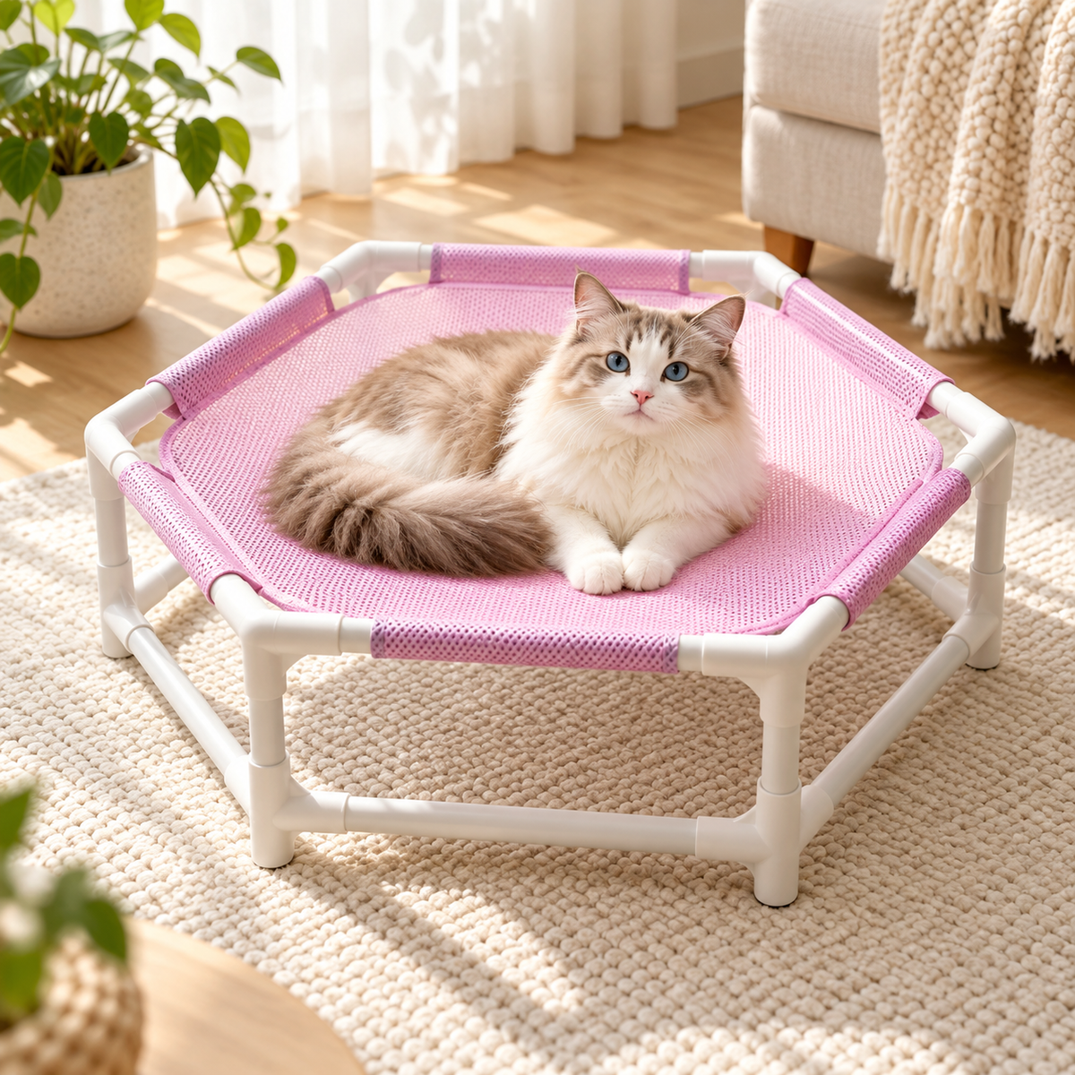 hamac chat sur pied respirant rose avec chat blanc allonger