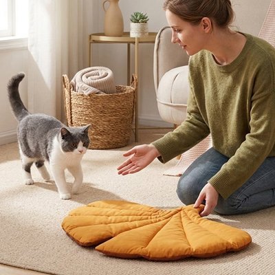 humain faisant decouvrir tapis chat design a son felin
