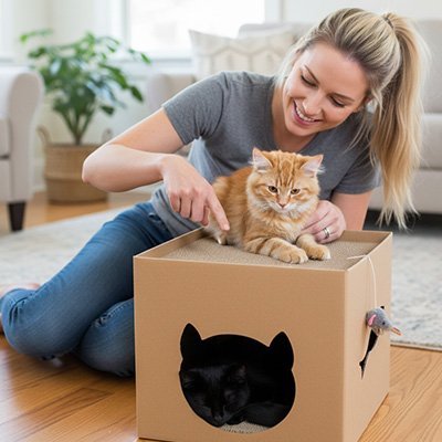 humain jouant avec chat sur maison en carton pour chat