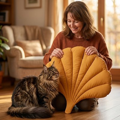 humain montrant tapis chat design a son chat