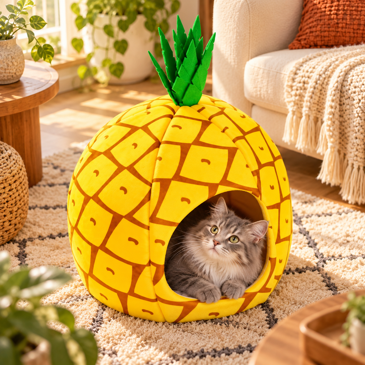 jolie chat dans niche chat chauffante design ananas