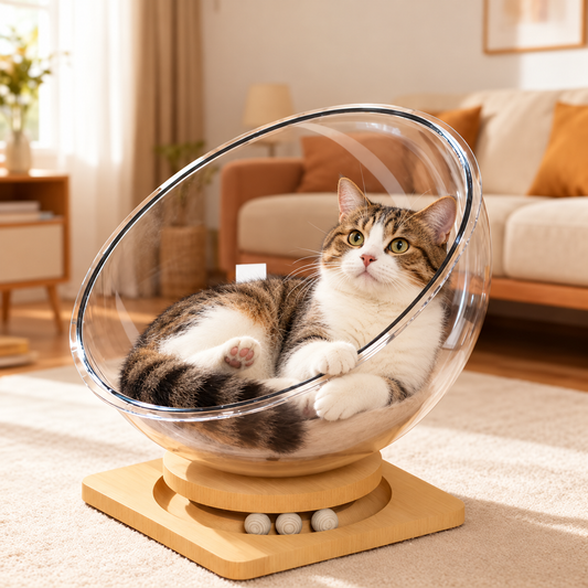 lit chat transparent avec chat allonger confortablement