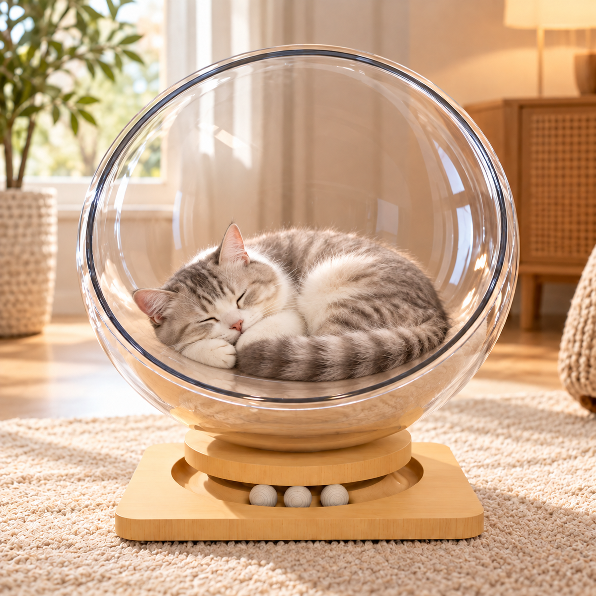 lit chat transparent avec chaton endormi