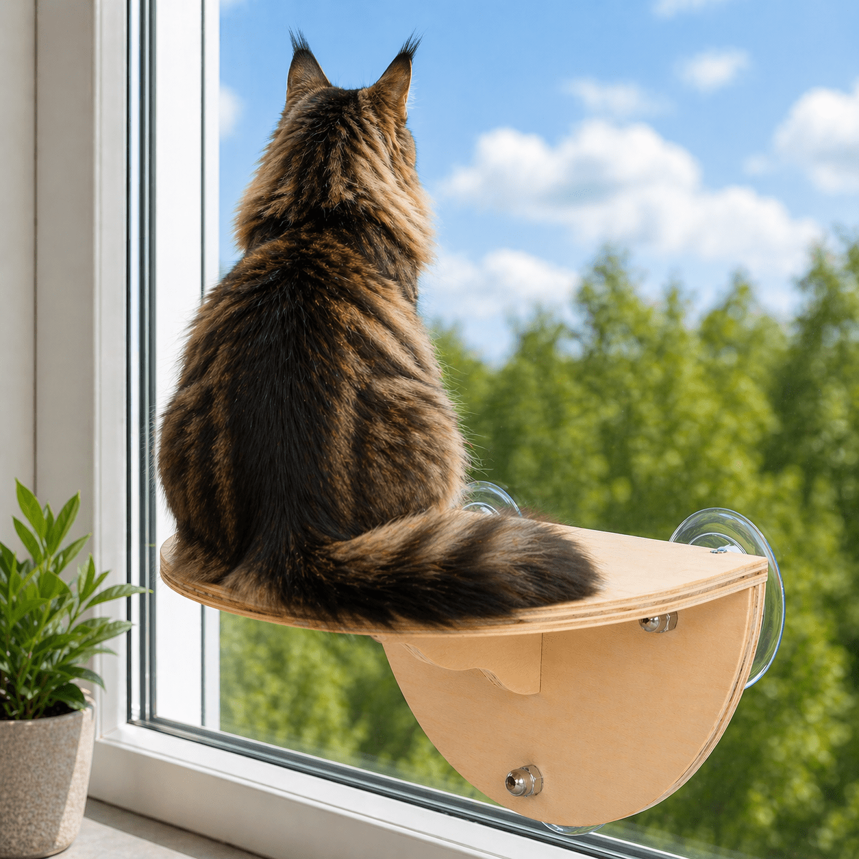 maine coon assis sur perchoir chat fenêtre bois stable
