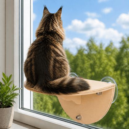 maine coon assis sur perchoir chat fenêtre bois stable