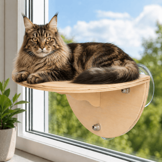 maine coon couche sur perchoir chat fenêtre bois stable