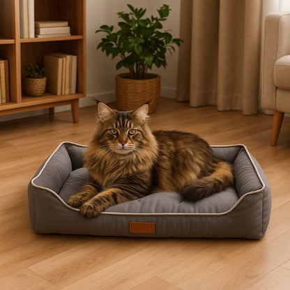 maine coon dans chat panier rectangulaire gris confortable