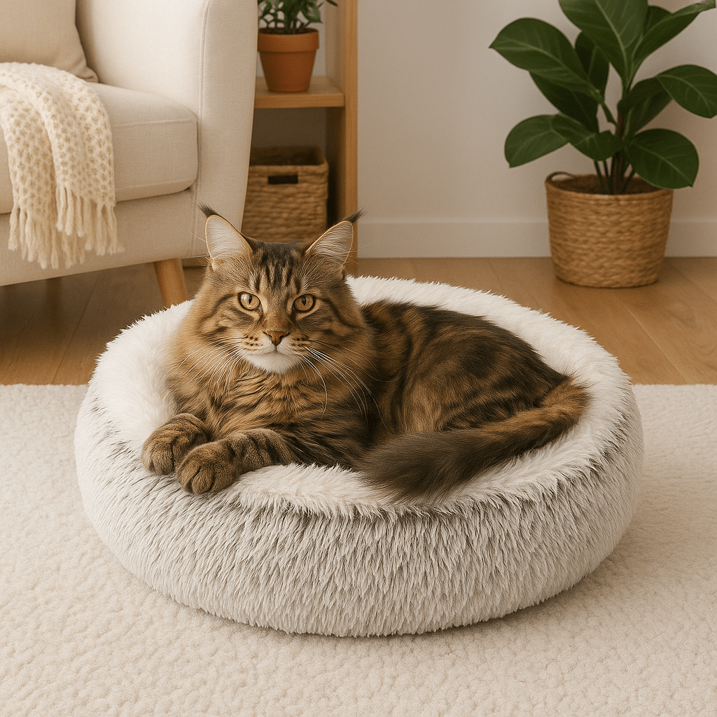 maine coon dans coussin à chat rond brun doux