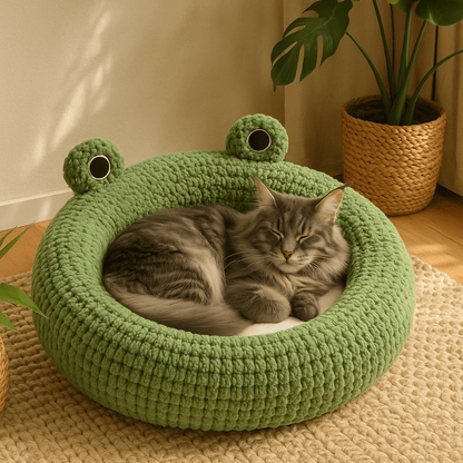 maine coon dans coussin pour chat rond grenouille verte moelleux