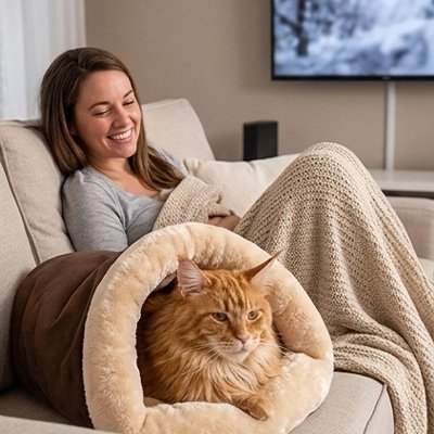 maine coon dans sac de couchage chat chaud