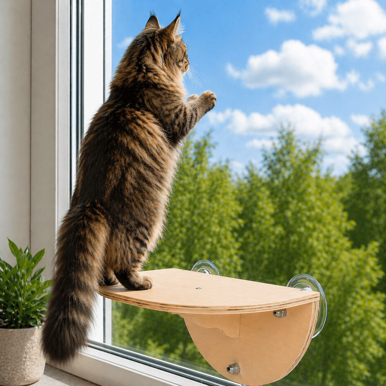 maine coon debout sur perchoir chat fenêtre bois stable
