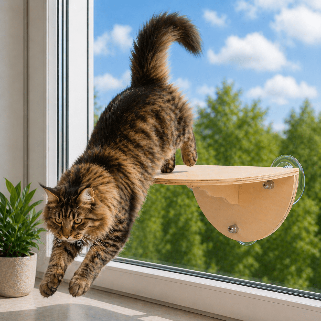 maine coon sautant perchoir chat fenêtre bois stable