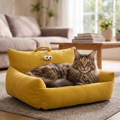 maine coon sur petit canape chat jaune moutarde