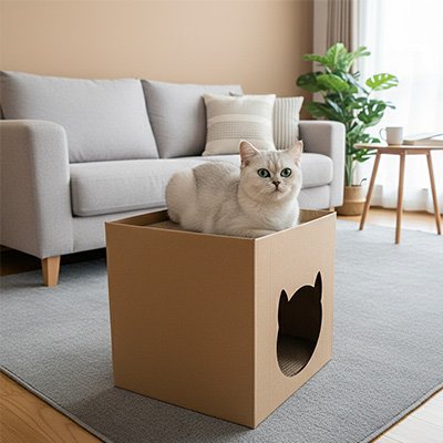 maison en carton pour chat avec petit chat