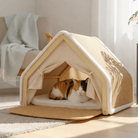 maison pour chat design scandinave beige avec toit en pente et rideau 