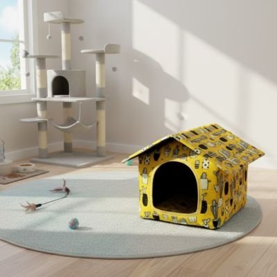 maison pour chat jaune impermeable confortable