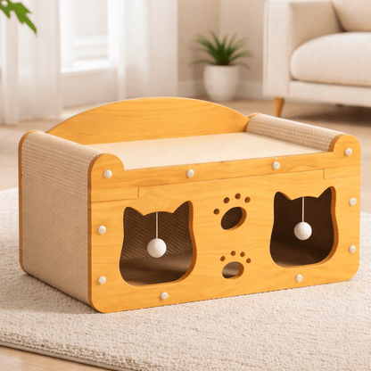 maisonnette bois chat deux niveaux confortable amusant