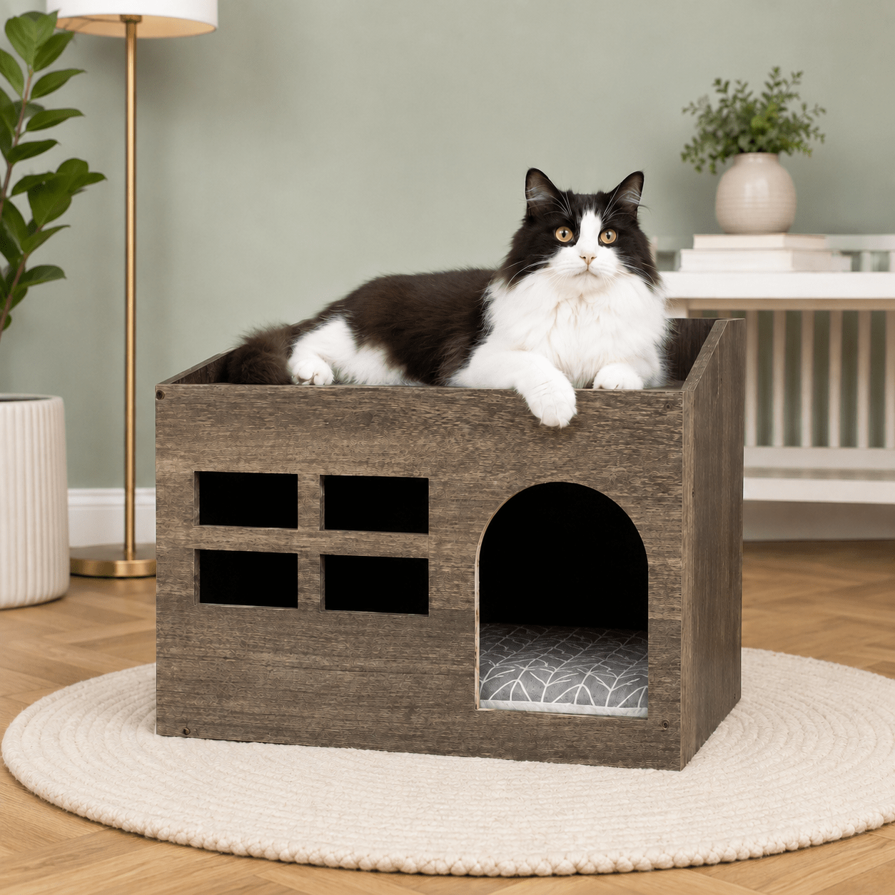 majestueux felin allonger sur niche pour chat confortable bois