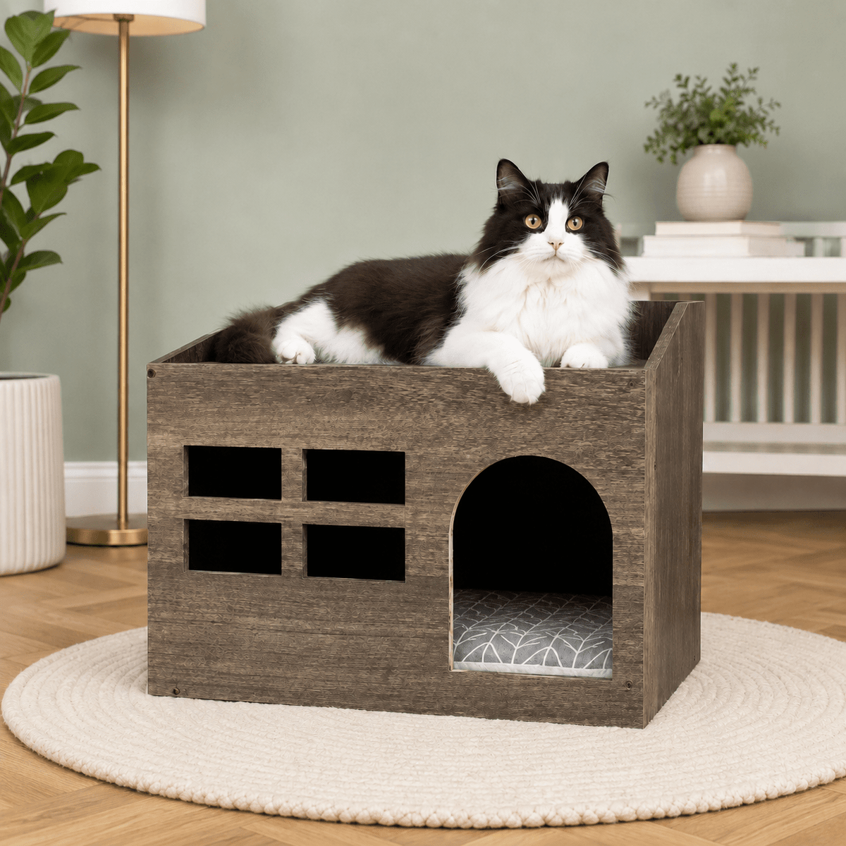 majestueux felin allonger sur niche pour chat confortable bois