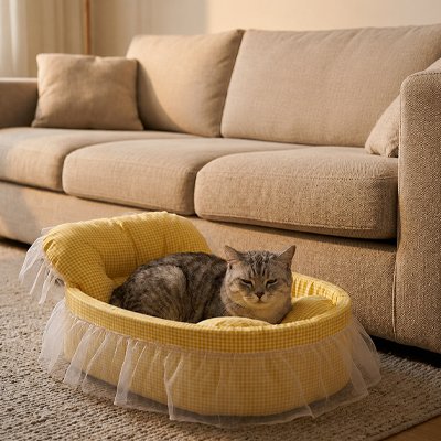 matou couche confortablement dans panier chat design lit jaune