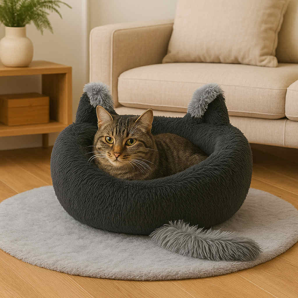 matou dans coussin pour chat doux gris rond design chat