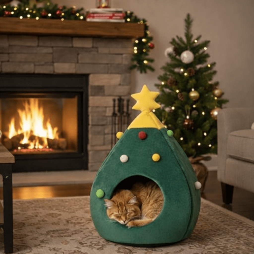 matou dans niche pour chat design sapin noel confortable