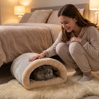 matou gris dans sac de couchage chat chaud