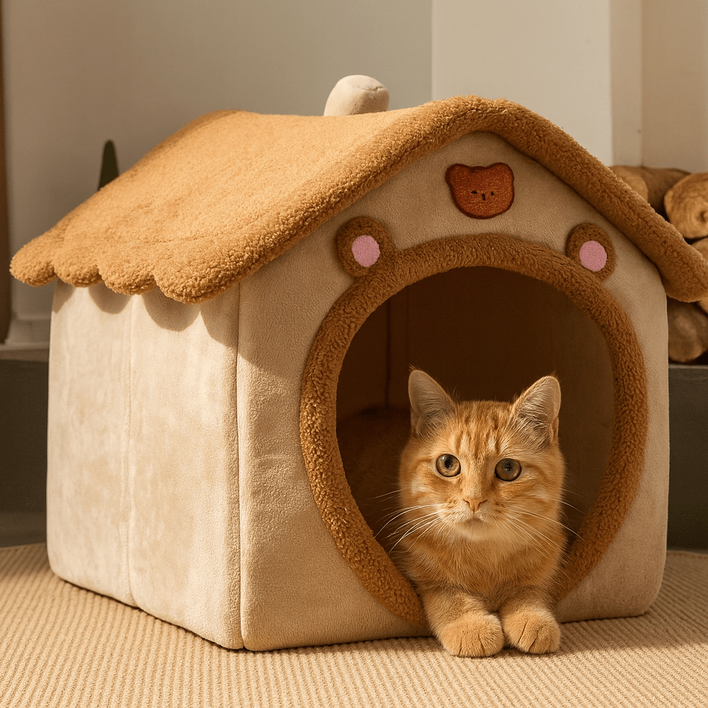 matou orange dans maison pour chat marron adorable design ourson