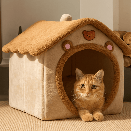 matou orange dans maison pour chat marron adorable design ourson