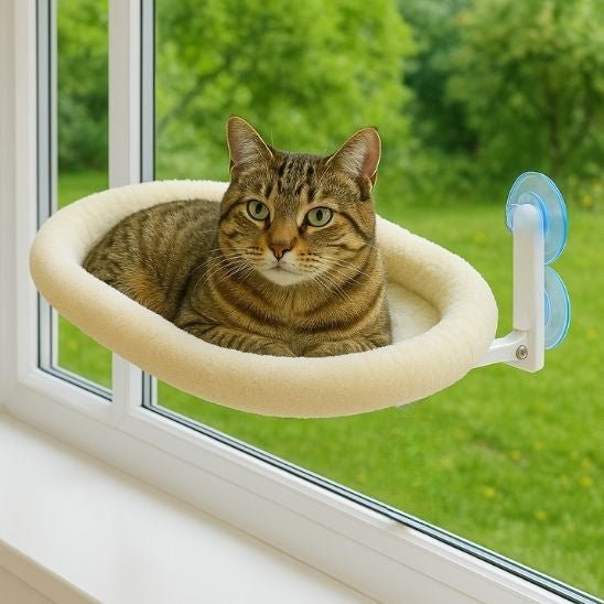 matou tigre sur hamac chat fenetre blanc doux confortable