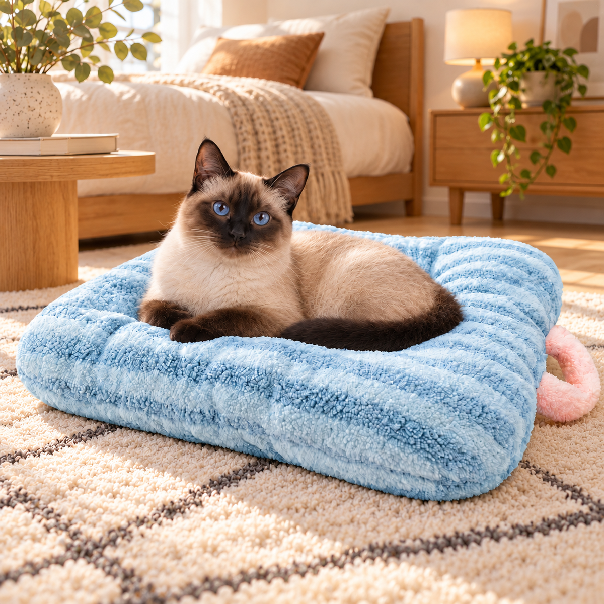 mignon chat sur coussin chat bleu confortable