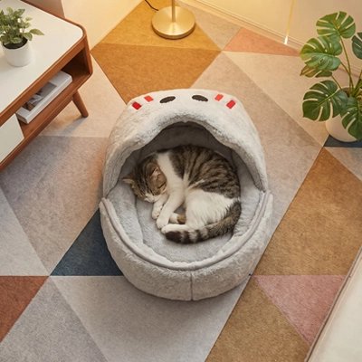 minette dormant dans panier chat design chausson requin doux