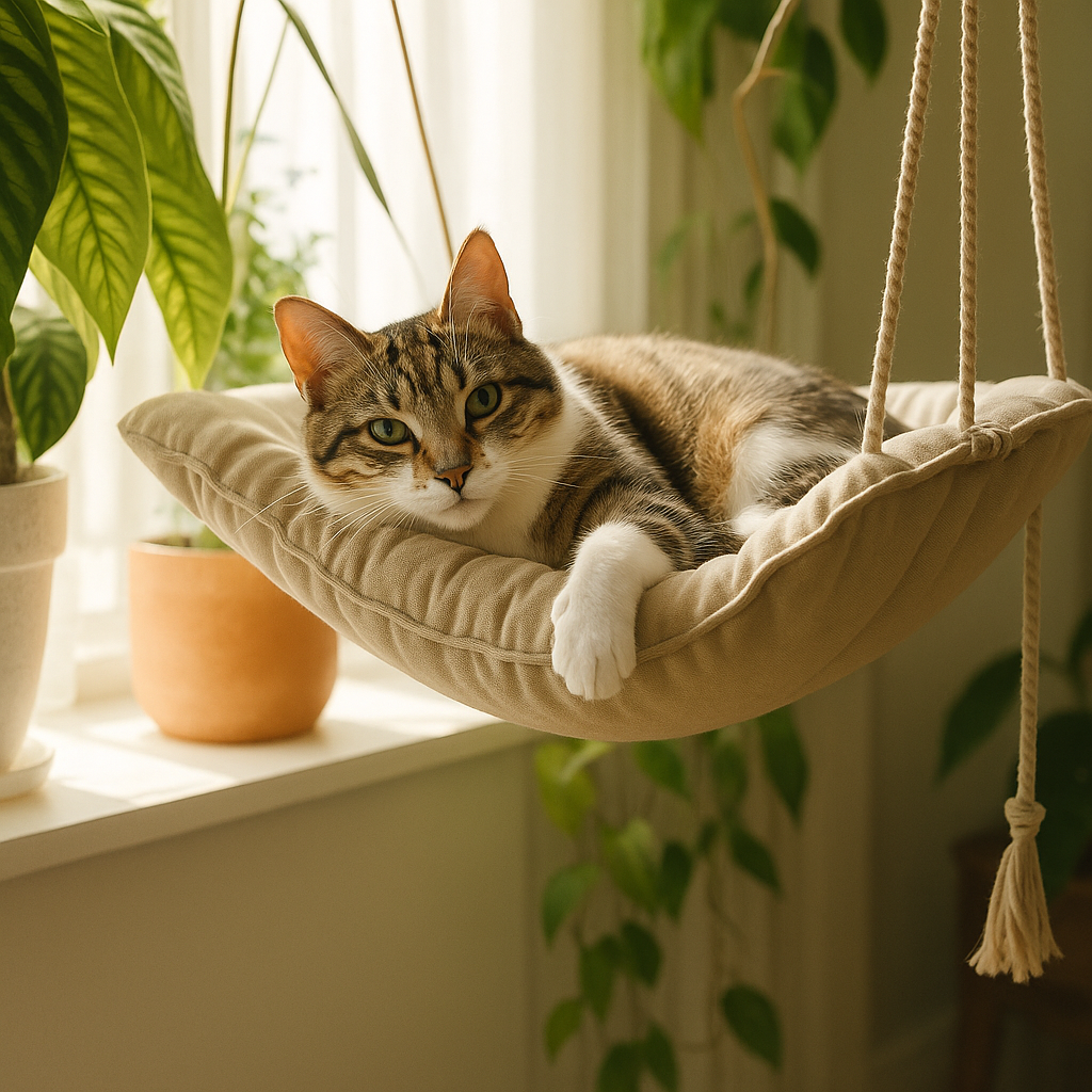 minou dans hamac pour chat installe confortablement