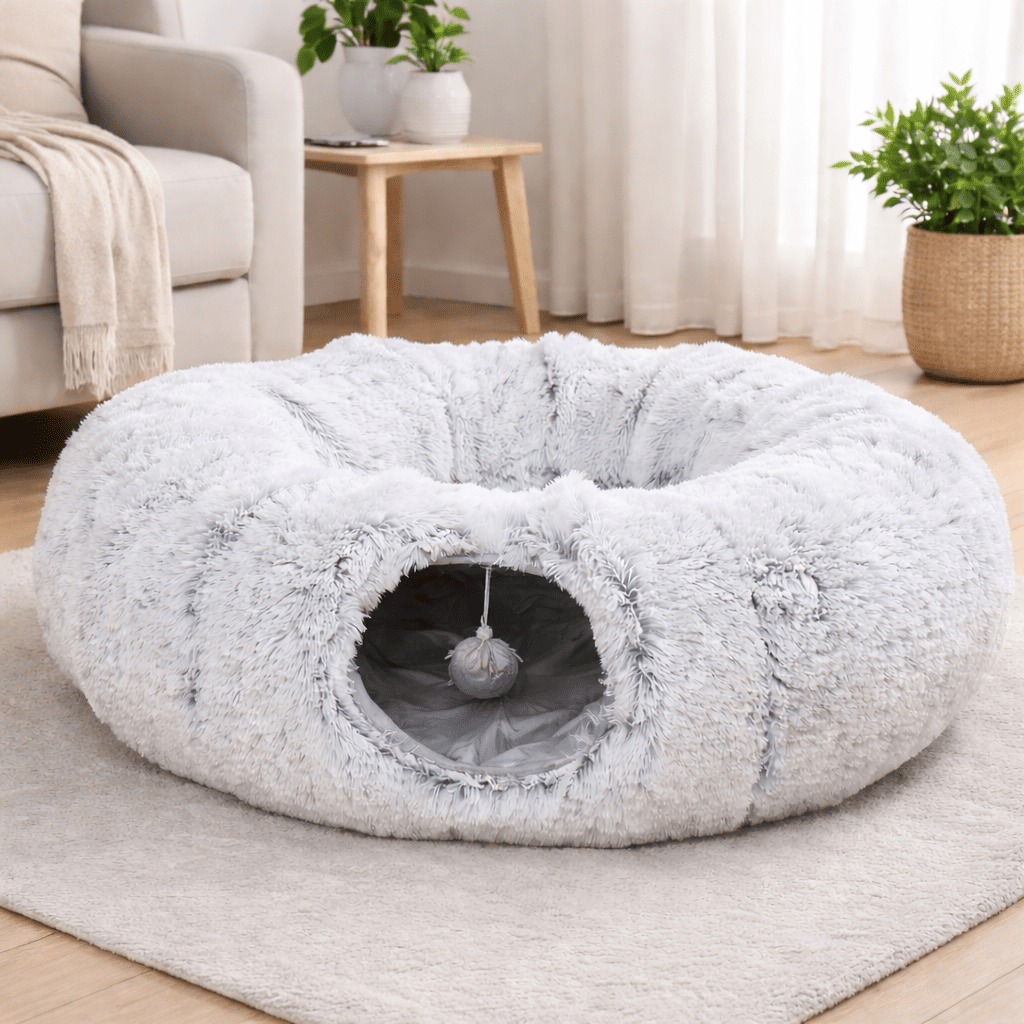 niche chat tunnel gris doux confortable