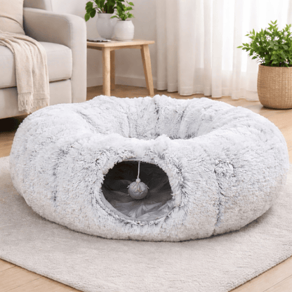 niche chat tunnel gris doux confortable