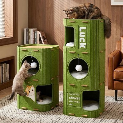 niche pour chat modulable verte deux modeles avec chats