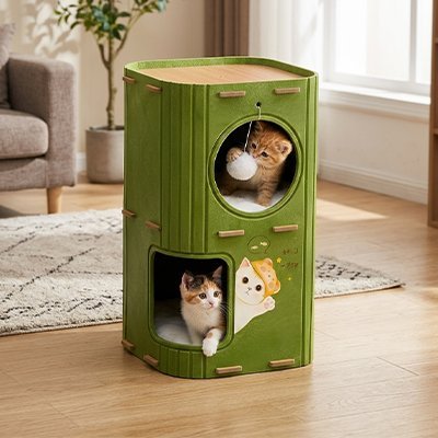 niche pour chat modulable verte deux niveaux avec chats