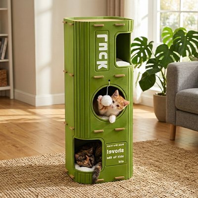 niche pour chat modulable verte trois niveaux avec chats