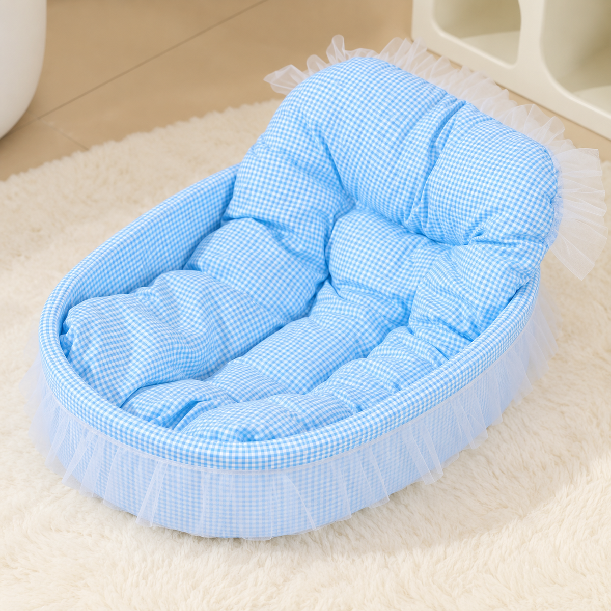 panier chat design lit confortable bleu dentelle